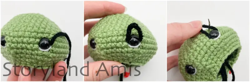 A three-panel image shows the step-by-step process of a hand using a tapestry needle and black yarn to embroider a stitch over the top of an eye on an amigurumi tortoise's head.