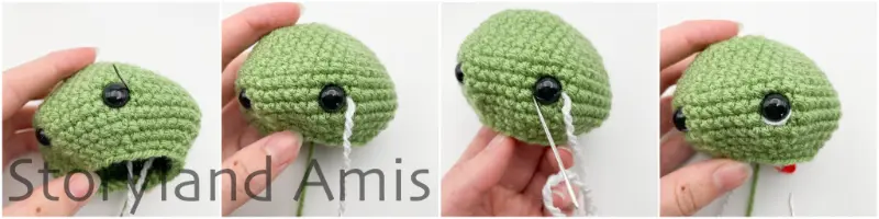 A four-panel image shows a hand using a tapestry needle and white yarn to embroider a stitch under the plastic safety eye on an amigurumi tortoise's head.