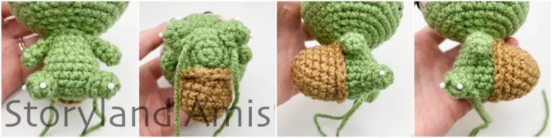 A four-panel image shows close-ups of legs pinned to the body of a partially finished amigurumi tortoise from four different angles.