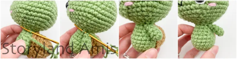 A four-panel image shows a hand using a tapestry needle to sew arms to the body of an amigurumi tortoise.