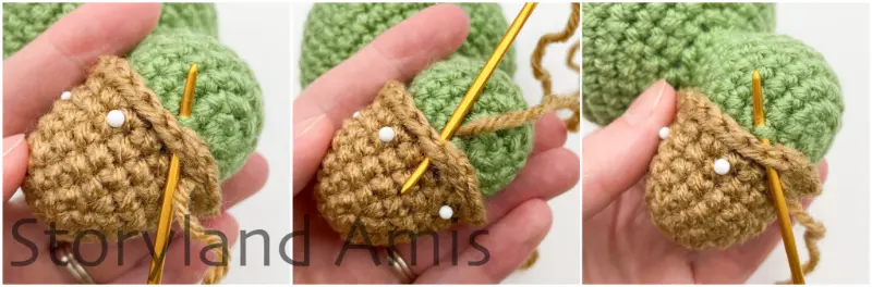 A three-panel image shows a tapestry needle being used to sew a brown crocheted shell to the body of an amigurumi tortoise.