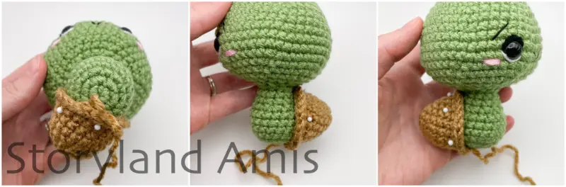 A three-panel image shows a partially finished amigurumi tortoise with a crocheted shell pinned to its back from three different angles.