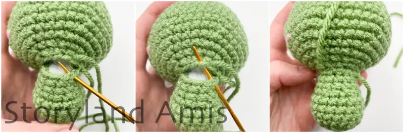 A three-panel image shows the step-by-step process of a tapestry needle being used to sew a green crocheted body to the head of an amigurumi tortoise.
