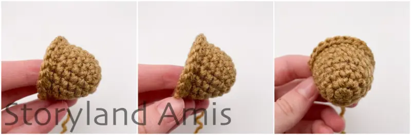 A three-panel image shows a hand holding up a small brown crocheted tortoise shell, shown from three different angles.