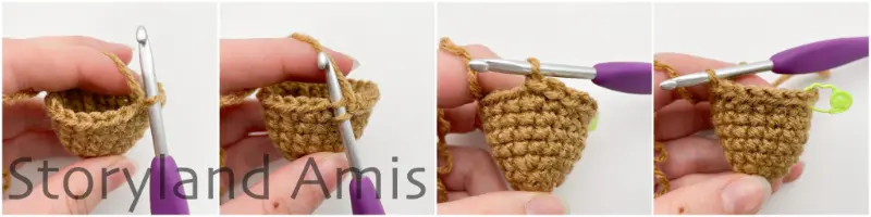 A four-panel image shows the step-by-step process of a hand using a purple crochet hook to crochet around the edge of a brown crocheted tortoise shell.