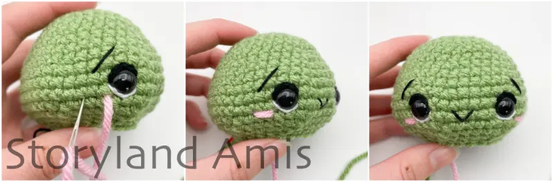 A three-panel image shows a hand holding a partially finished amigurumi tortoise head. The first image shows a tapestry needle and pink yarn being used to embroider a stitch just below the eye for a cheek.