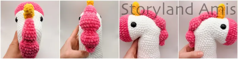 A four-panel image shows close-ups of an amigurumi unicorn's head from four different angles.