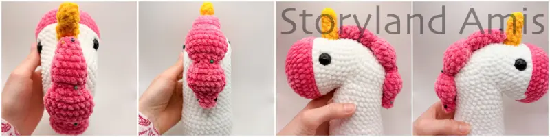A four-panel image shows an amigurumi unicorn with a pink mane pinned to its head from four different angles.