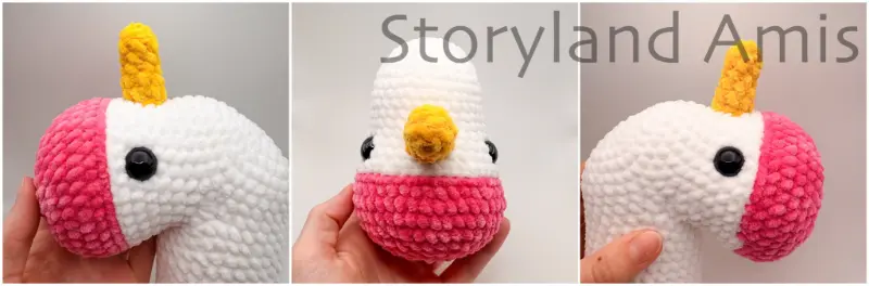 A three-panel image shows a partially finished unicorn's head from three different angles.