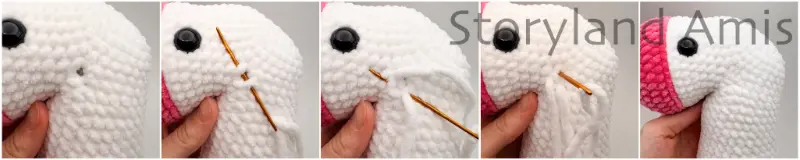 A five-panel image shows the step-by-step process of a hand using a gold tapestry needle and yarn to close up a small hole on the neck of an amigurumi unicorn toy. 