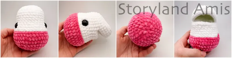 A four-panel image shows a hand holding a crocheted amigurumi unicorn head. The head is shown from four different angles.