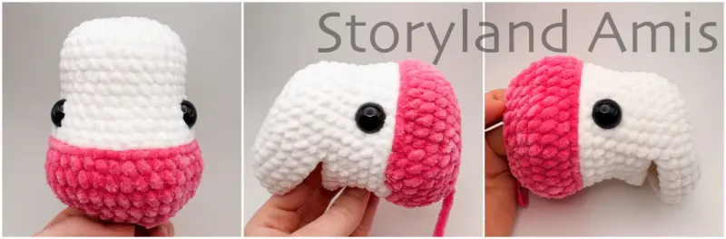 A three-panel image shows a partially crocheted amigurumi unicorn head from three different angles. From the top front and the two sides.