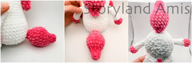A three-panel image shows close-ups from three different angles of an amigurumi unicorn's tail.