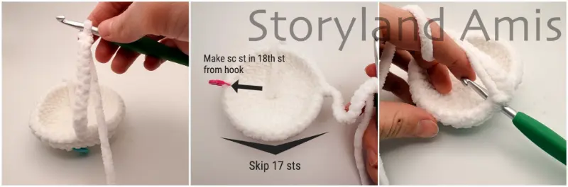 A three-panel image with the first image showing a round, white crocheted piece with a long chain coming up from the side. A green crochet hook is inserted at the end of the chain, held by a hand. The second image shows the round white piece from above with text on the photo indicating that you should skip 17 stitches on the round and then make a single crochet stitch in the 18th stitch of the round. The third image shows the crochet hook inserted into the 18th stitch of the round as a hand holds the piece steady.