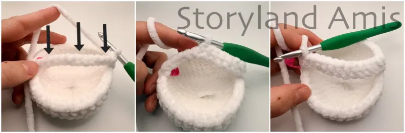 A three-panel image shows a hand using a green crochet hook to demonstrate step-by-step how to crochet into the back loops of a chain. 