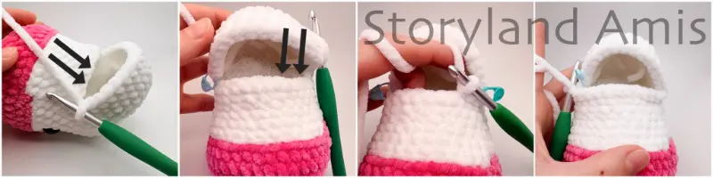A four-panel image shows step-by-step how to crochet into the front loops of a chain on an amigurumi unicorn's body.