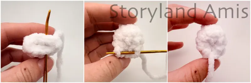 A three-panel image. The first image shows a tapestry needle being used to sew the stitches together on a crocheted ear. The second image shows a tapestry needle being used to sew the two edges of the ear together. The third image shows a hand holding the completed ear. 