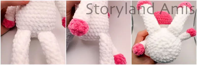 A three-panel tutorial image showing close-ups of an amigurumi unicorn toy's legs from three different angles.