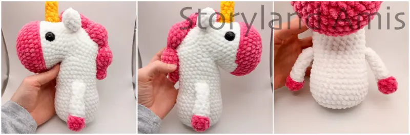 A three-panel image shows a partially finished amigurumi unicorn from three different angles.