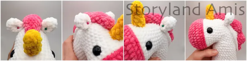 A four-panel image shows an amigurumi unicorn's head with its ears pinned on with straight pins. The head is shown from four different angles.