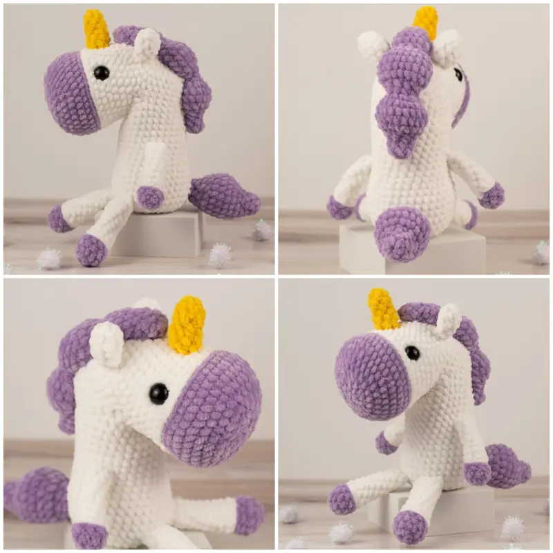 A four-panel image shows a crocheted white and purple amigurumi unicorn from four different angles. The unicorn sits on a small white box placed on a wooden table. There are white pom poms scattered around the table.