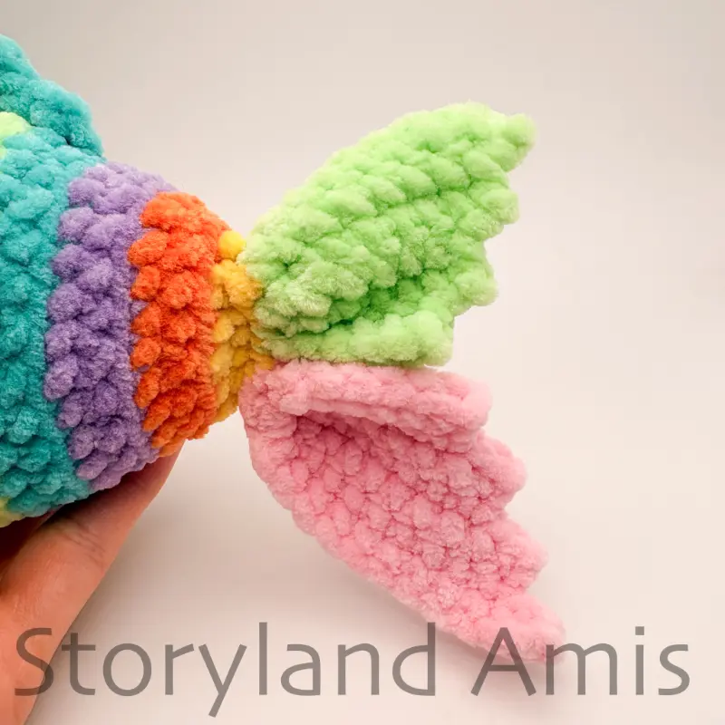 A close-up of the tail fins on an amigurumi fish.