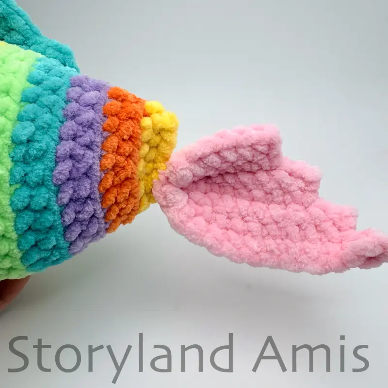 A close-up of the tail fin on an amigurumi fish.