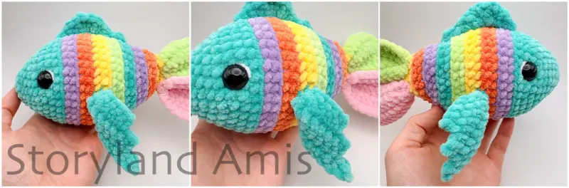 A three-panel image shows an amigurumi fish from different angles.