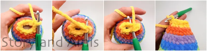 A four-panel image shows the step-by-step process of a hand using a crochet hook to crochet the tail closed on an amigurumi fish.