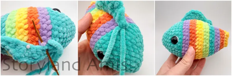 A three-panel image shows a crocheted fin being sewn to the top of an amigurumi fish.
