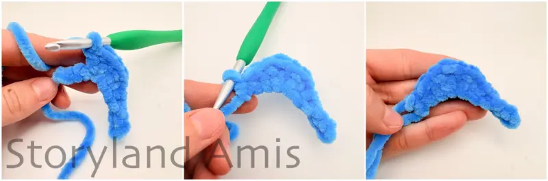 A three-panel image shows step-by-step how to crochet a fish fin.