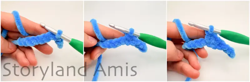 A three-panel image shows step-by-step how to crochet a fish fin.