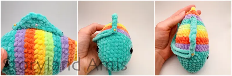 A three-panel image shows different angles of a partially finished amigurumi fish.