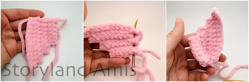 A three-panel image shows a hand using a tapestry needle to cinch the end of a crocheted fish tail fin.