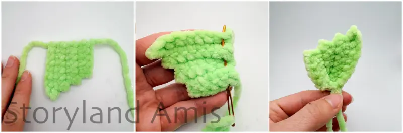 A three-panel image shows a hand using a tapestry needle to cinch the end of a crocheted fish tail fin.