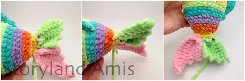 A three-panel image shows close-ups of the tail fins on an amigurumi fish.