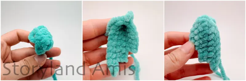 A three-panel image shows a crocheted fish fin from three different angles.