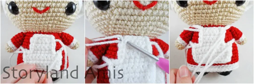 A three-panel image shows close-ups of a small crocheted doll apron being made and attached to the body of an amigurumi Mrs. Claus using a crochet hook.