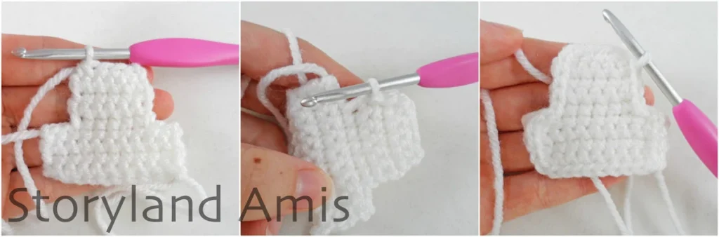 A three-panel image shows the step-by-step process of a crochet hook being used to make a small white crocheted apron.