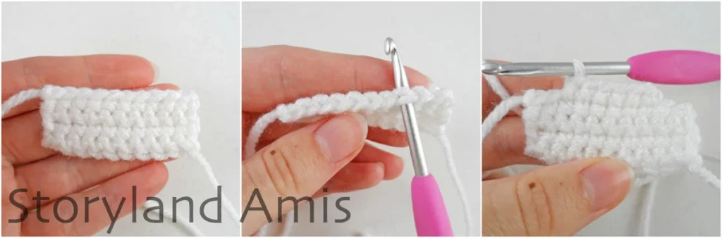 A three-panel image shows the step-by-step process of a crochet hook being used to make a small white crocheted apron.