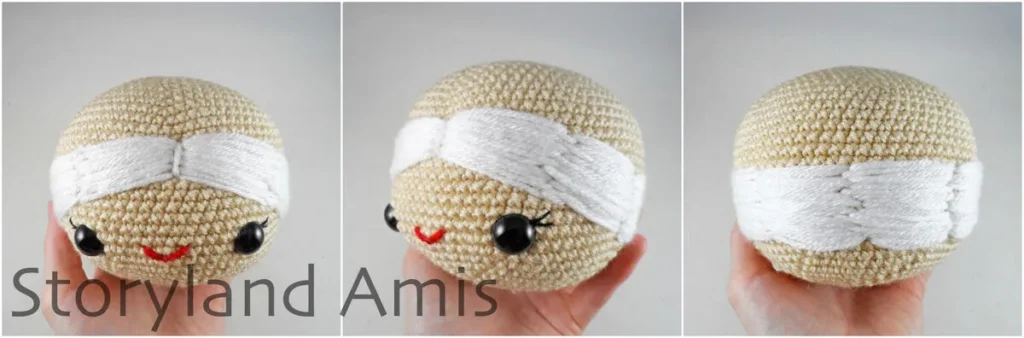 A three-panel image shows a hand holding up a crocheted doll head from three different angles.