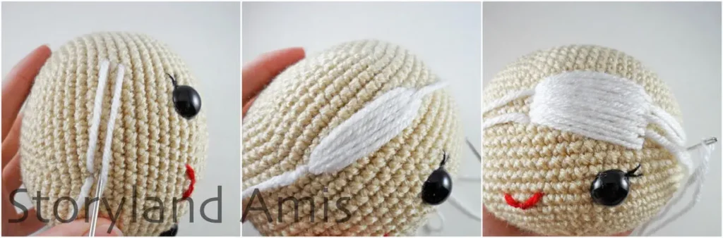 A three-panel image shows the step-by-step process of a tapestry needle being used to embroider yarn hair on a crocheted doll's head.