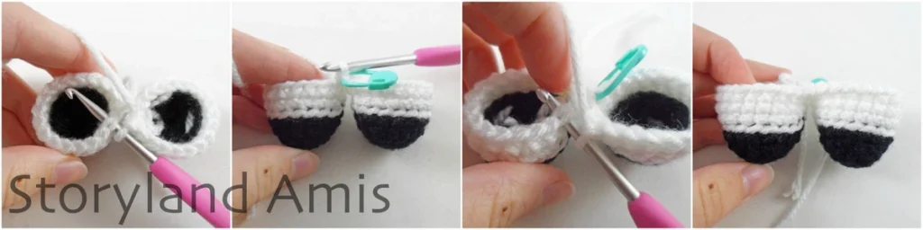A four-panel image shows the step-by-step process of a hand using a crochet hook to join two crocheted doll legs together to create a body.