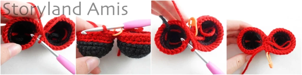 A four-panel image shows a hand using a crochet hook to join two crocheted doll legs together to create a body.