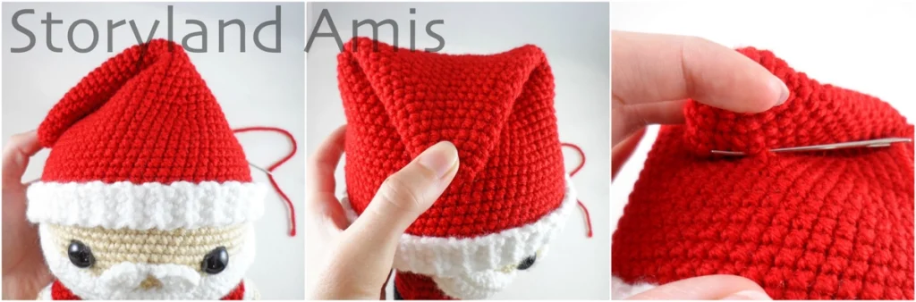 A three-panel image shows close-ups of a work-in-progress hat on an amigurumi Santa Claus doll.