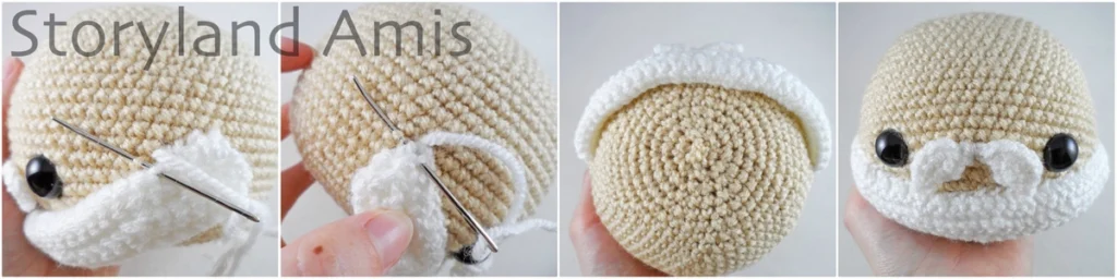 A four-panel image shows close-ups of a tapestry needle being used to sew a crocheted beard to an amigurumi Santa Claus head.