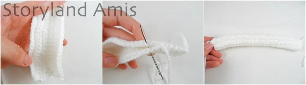 A three-panel image shows a hand folding and sewing a long, white, crocheted rectangle in half lengthwise. 