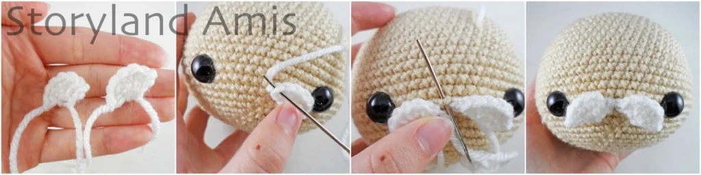 A four-panel image shows a crocheted mustache being sewn to the head of an amigurumi doll.