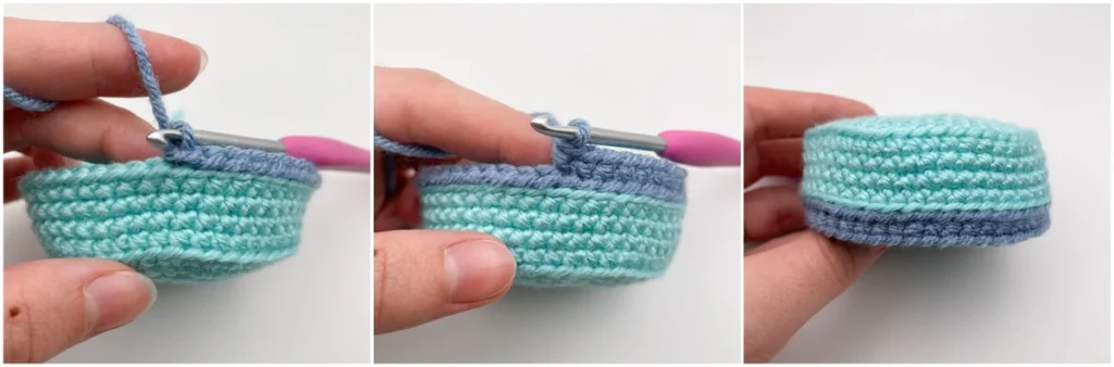 A three-panel image shows a hand using a crochet hook to demonstrate how to neatly change colors on a crocheted piece.
