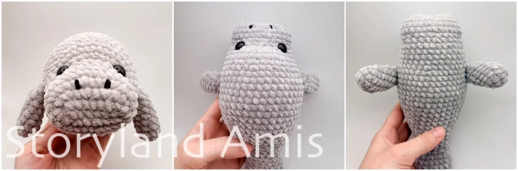 A three-panel image shows a crocheted amigurumi manatee toy from three different angles.